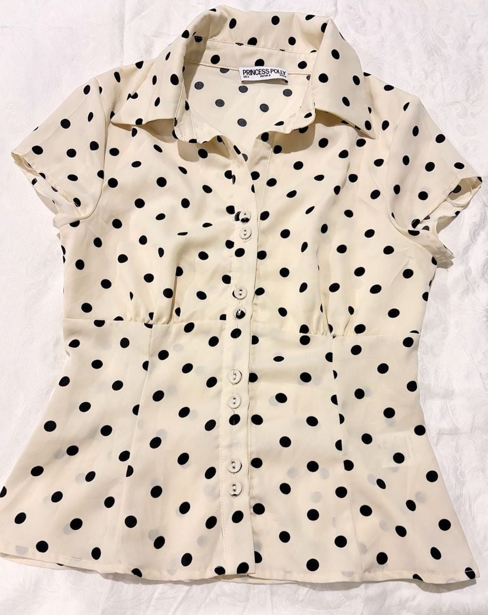 Princess Polly Cottesloe Blouse Size US 2 Cream Polka Dot 2
