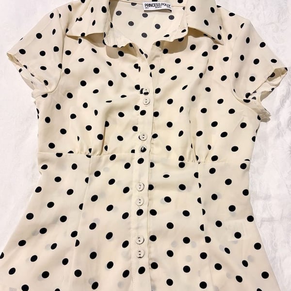 Princess Polly Cottesloe Blouse Size US 2 Cream Polka Dot