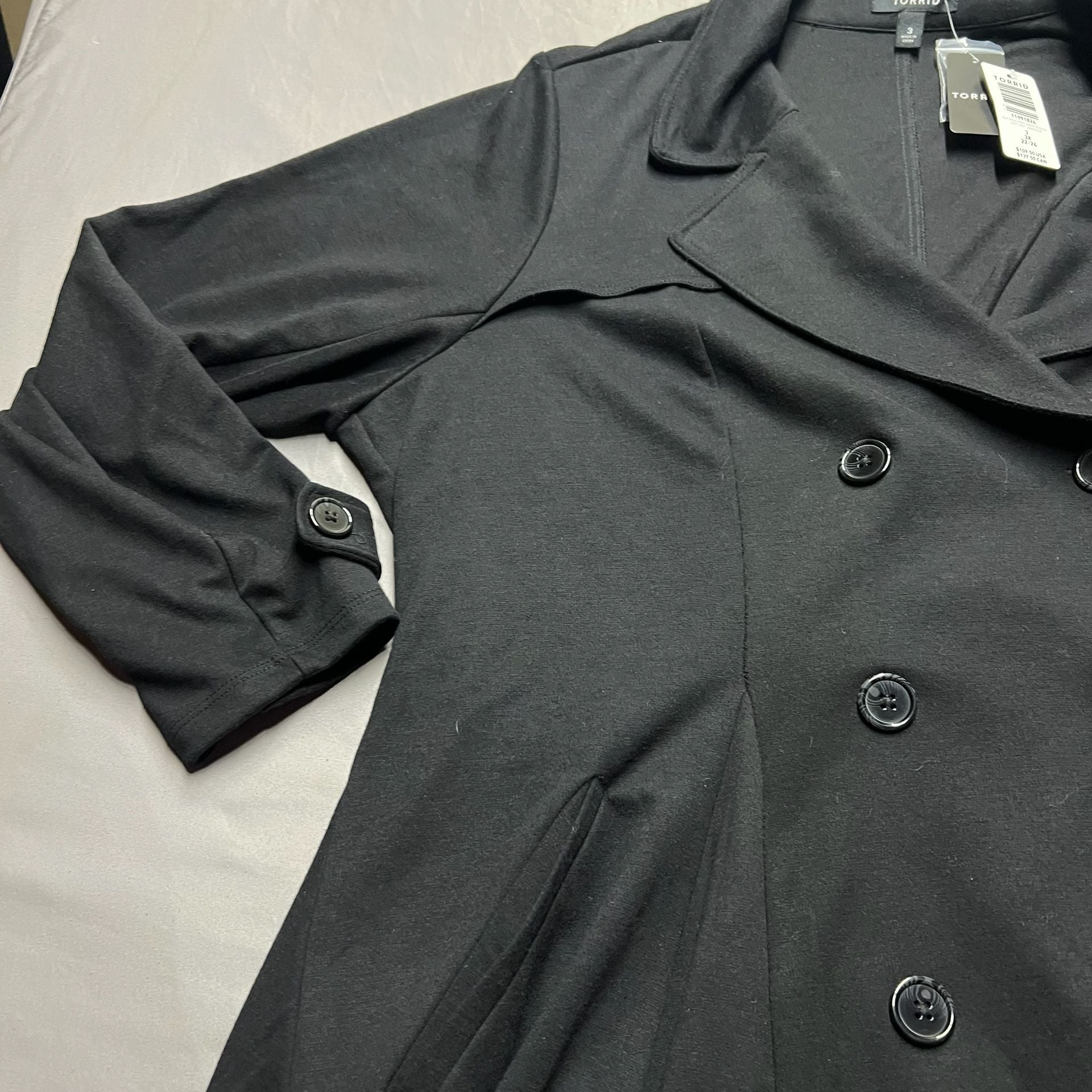 Torrid Brushed Ponte Swing Trench Coat Size 3X 22-24 Black Double Breasted 7