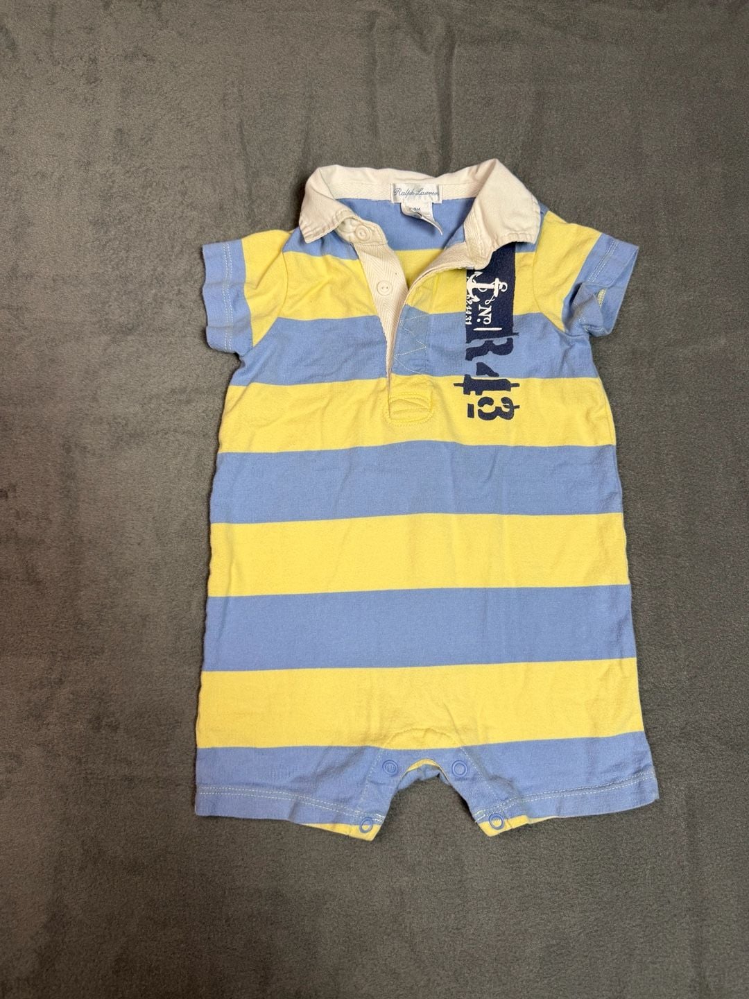 Ralph Lauren Baby Boy Striped Rugby Shortall Romper Size 9M Blue Yellow 2