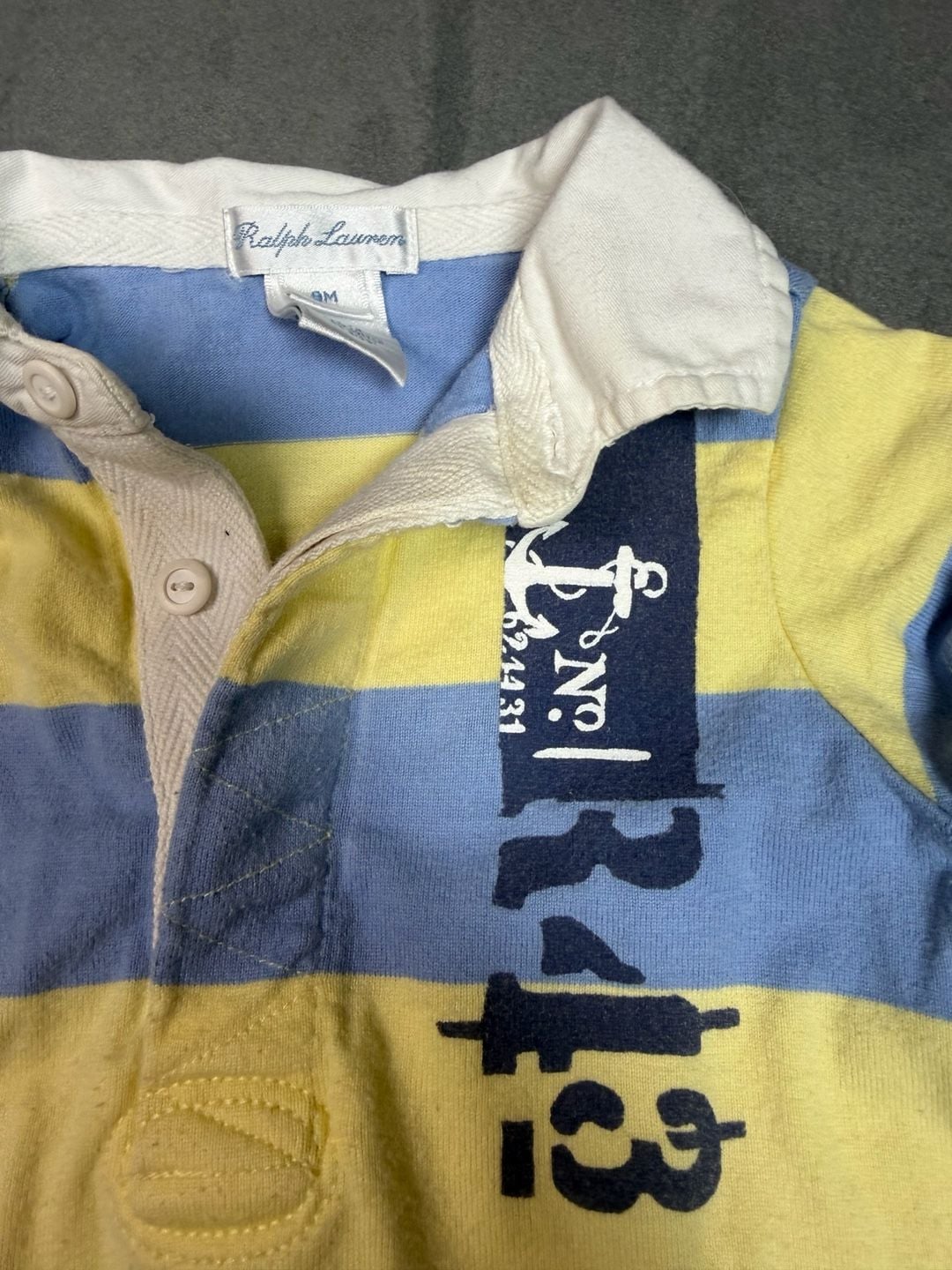 Ralph Lauren Baby Boy Striped Rugby Shortall Romper Size 9M Blue Yellow 3