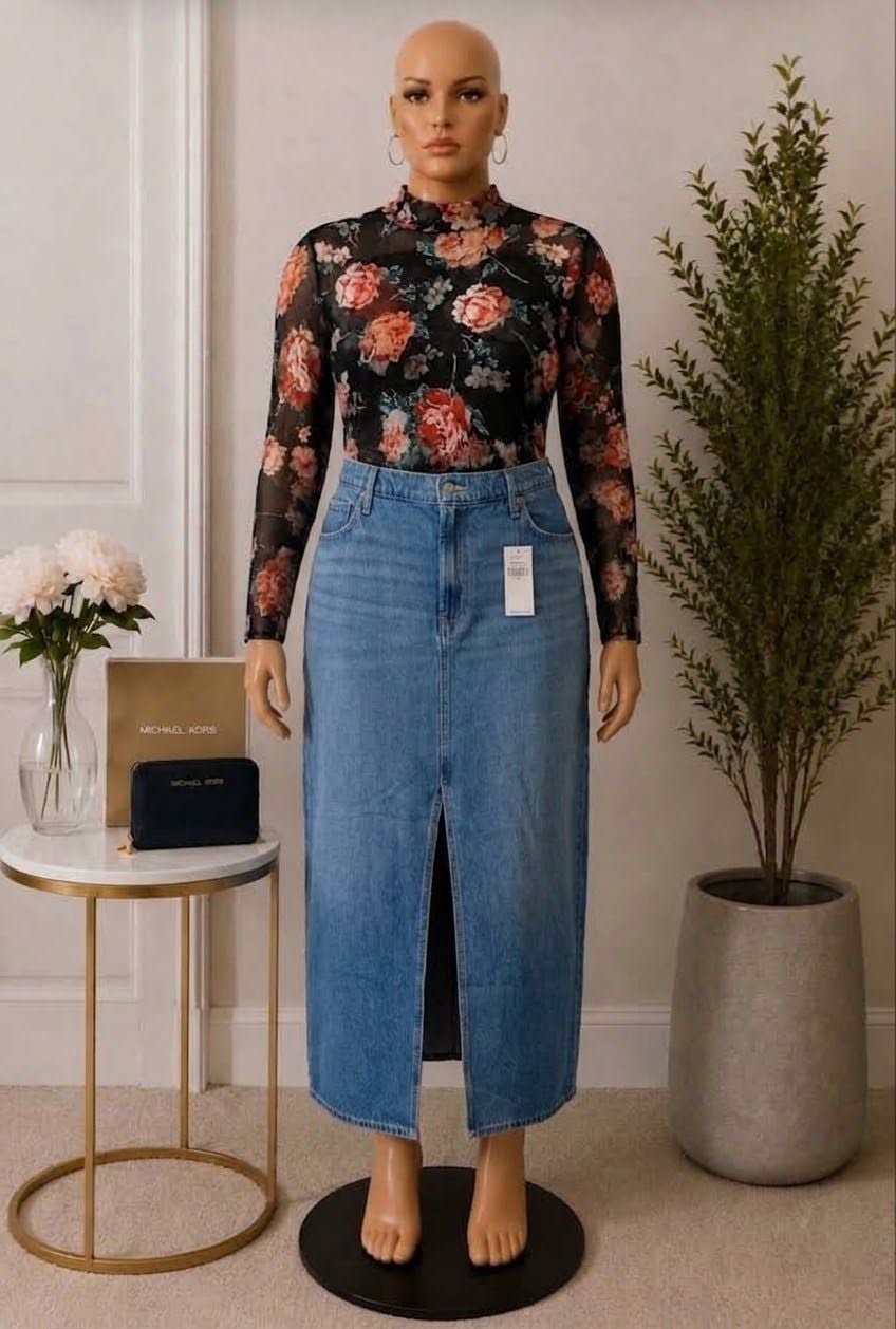 Old Navy Denim Midi Skirt Size 16 Blue Front Slit 8