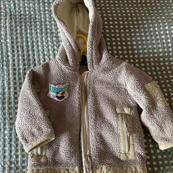 Next Fleece Hooded Jacket Size 9-12 Months Tan Sherpa Corduroy Trim