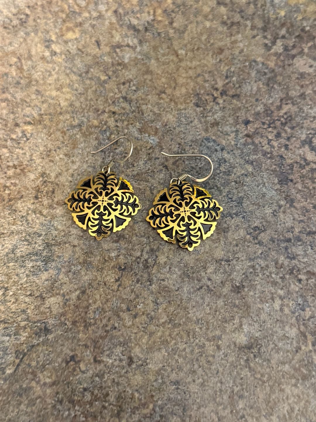 Boho Filigree Flower Gold and Black Dangle Earrings 2