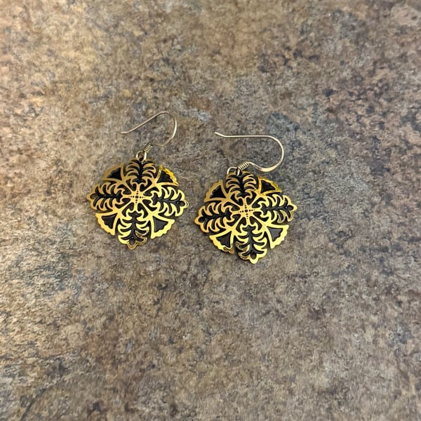 Boho Filigree Flower Gold and Black Dangle Earrings