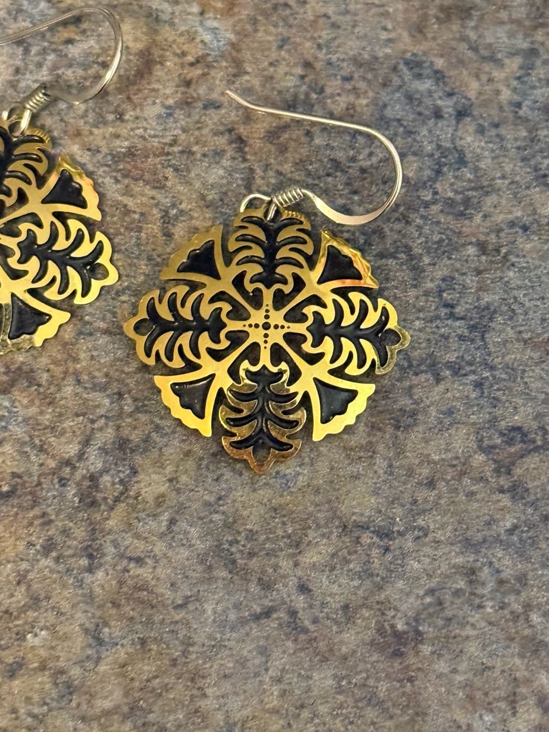 Boho Filigree Flower Gold and Black Dangle Earrings 3