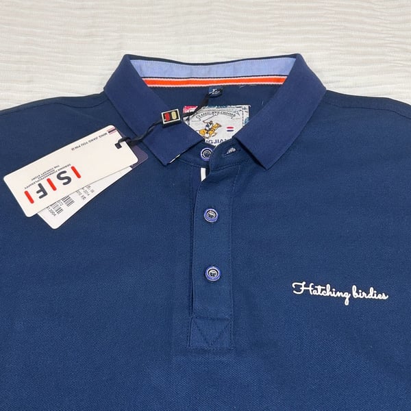 Ming Jiang Youpin Polo Shirt Size XL (US M) Blue Hatching Birds Graphic