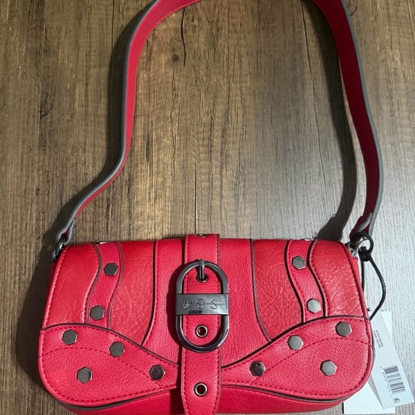 Jessica Simpson Courtney Flap Shoulder Handbag Red Faux Leather Studded