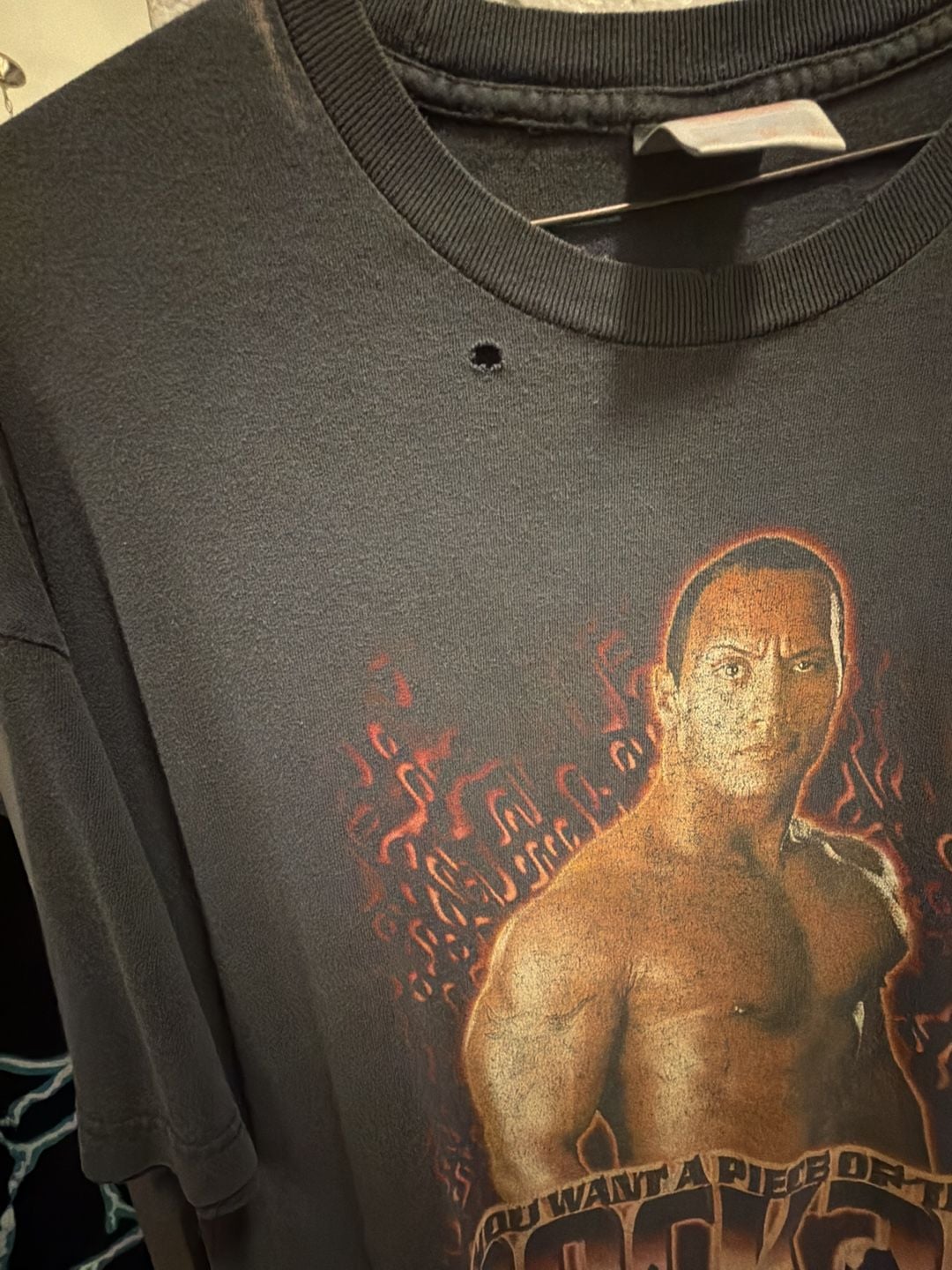Vintage 2001 WWF "You Want a Piece of The Rock" wrestling tee.
5