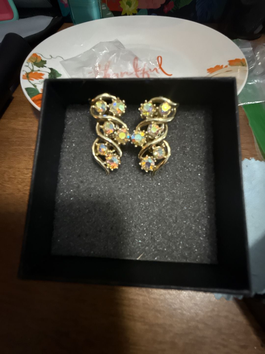 Vintage Aurora Borealis Crystal Gold Tone Clip Earrings 2