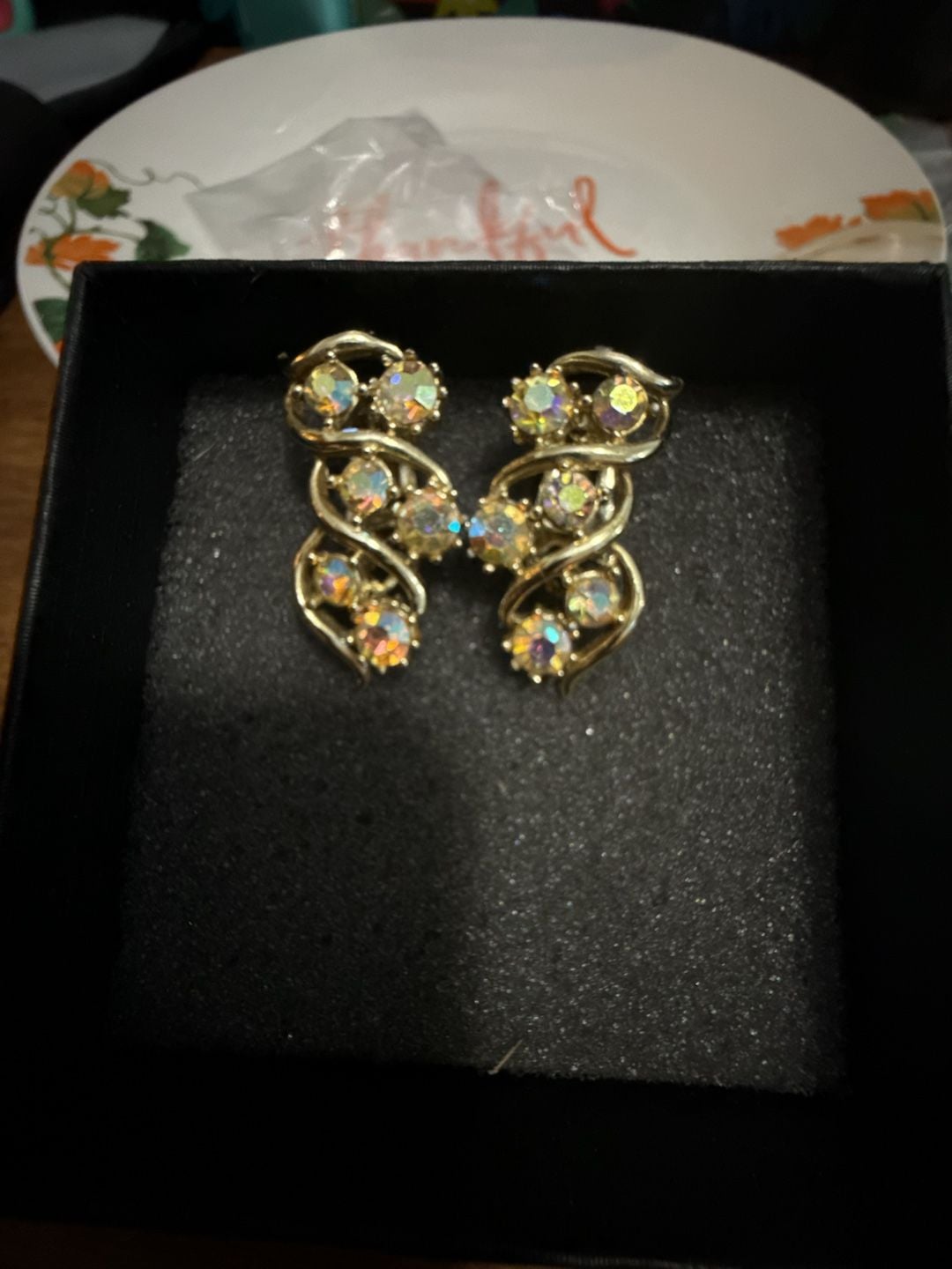 Vintage Aurora Borealis Crystal Gold Tone Clip Earrings 3