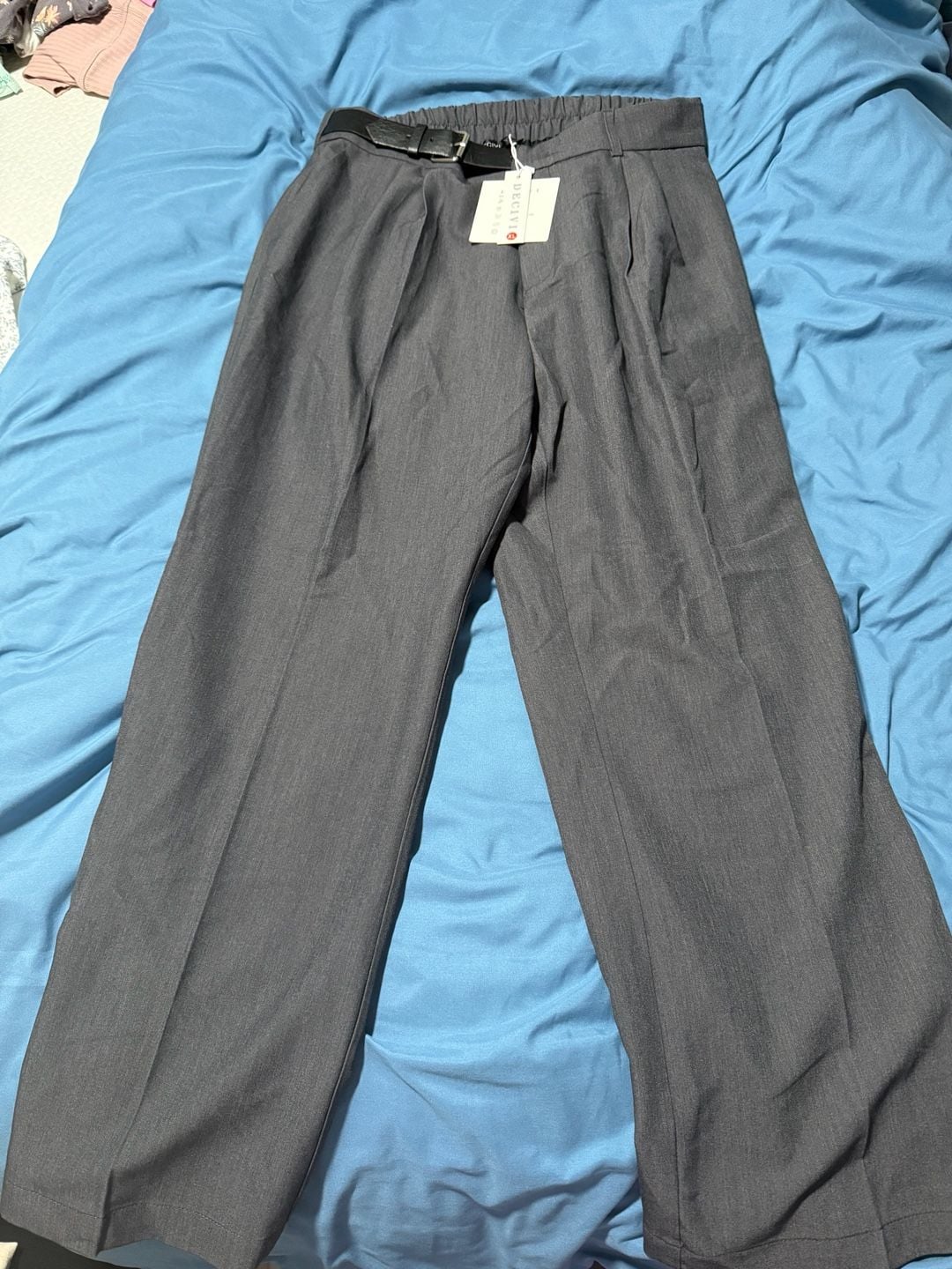 Decivi Pleated Trousers Size XL Gray Wide Leg Casual Pants with Belt 3