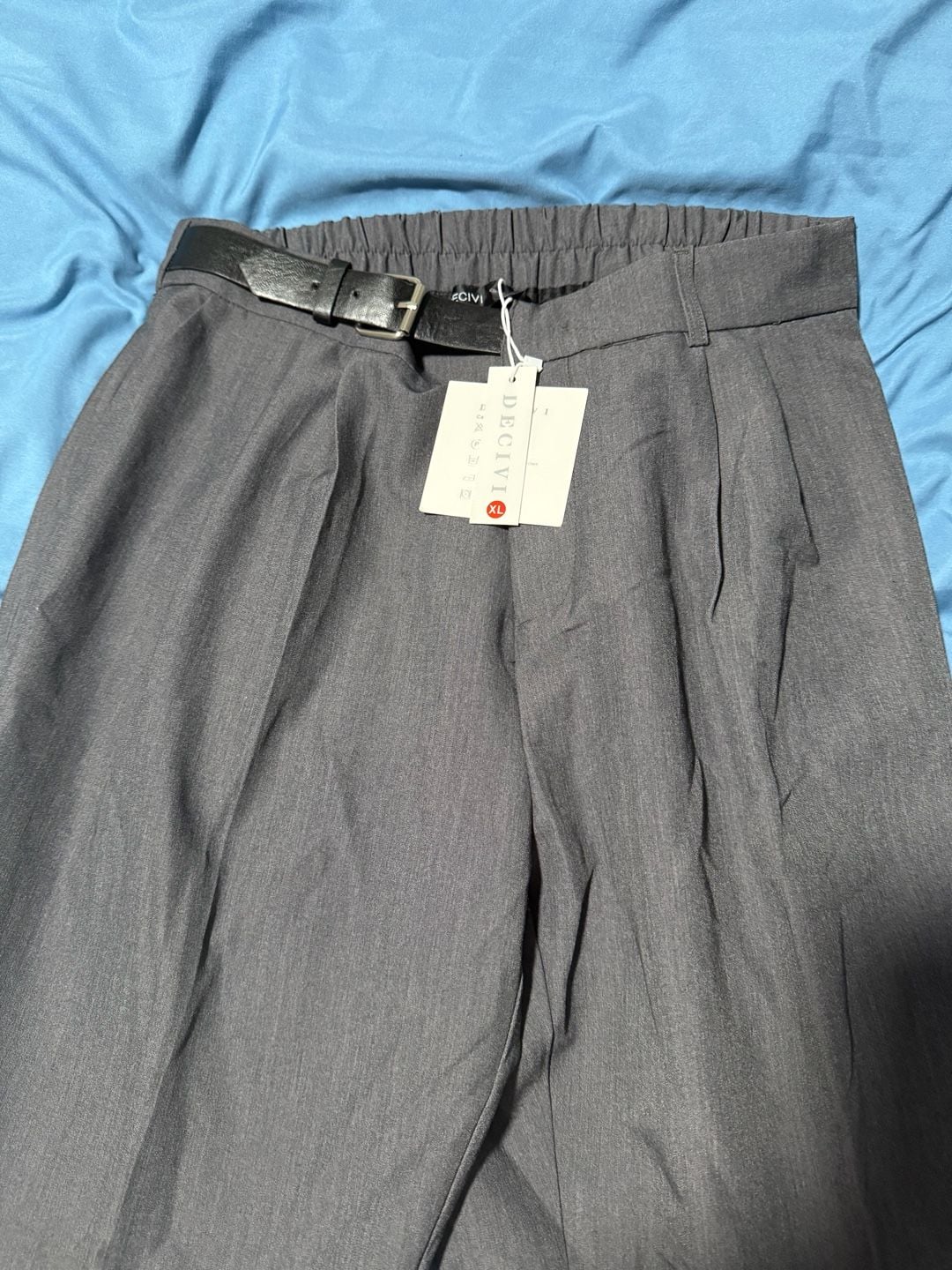 Decivi Pleated Trousers Size XL Gray Wide Leg Casual Pants with Belt 4