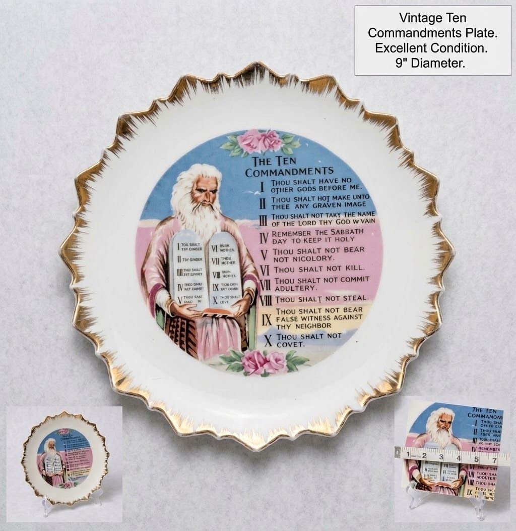 Vintage Ten Commandments Old Testament Mini Souvenir Hanging Porcelain Plate 1