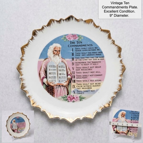 Vintage Ten Commandments Old Testament Mini Souvenir Hanging Porcelain Plate