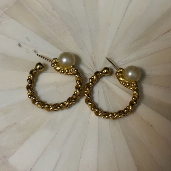 Vintage Textured Gold Faux Pearl Hoop Earrings