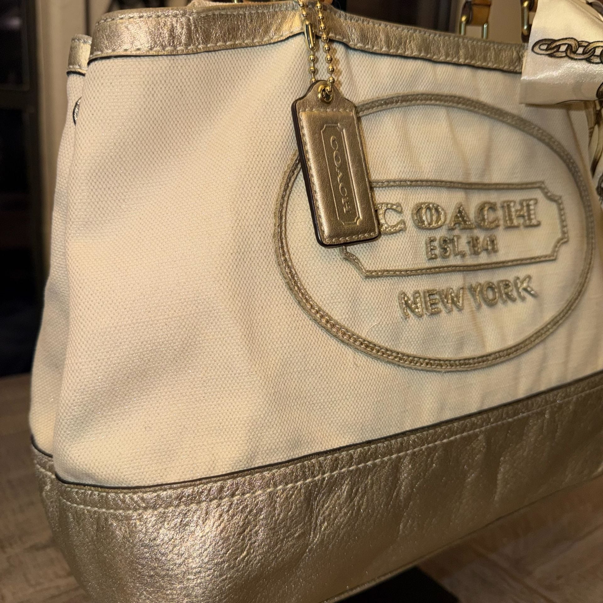 Coach Beige & Gold Linen Tote Handbag 
#45V1026 7