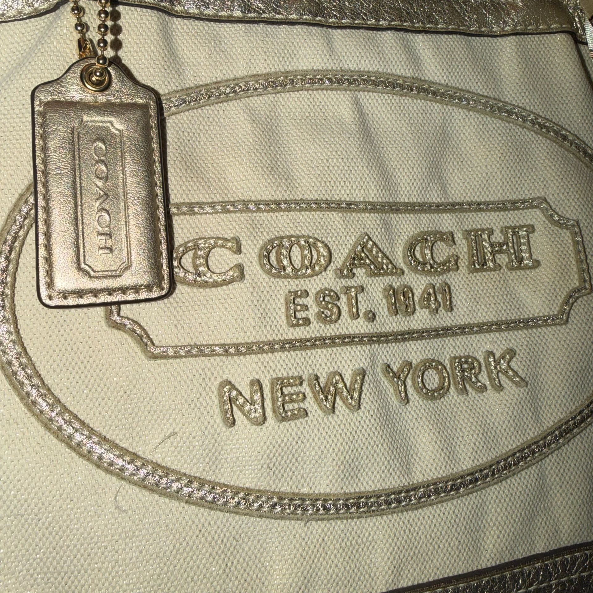 Coach Beige & Gold Linen Tote Handbag 
#45V1026 9