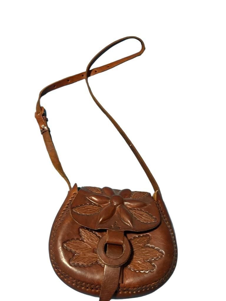 Vintage Artisan Tooled Leather Floral Crossbody Saddlebag Brown Boho 2