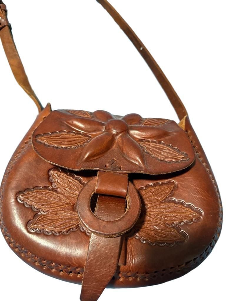 Vintage Artisan Tooled Leather Floral Crossbody Saddlebag Brown Boho 3