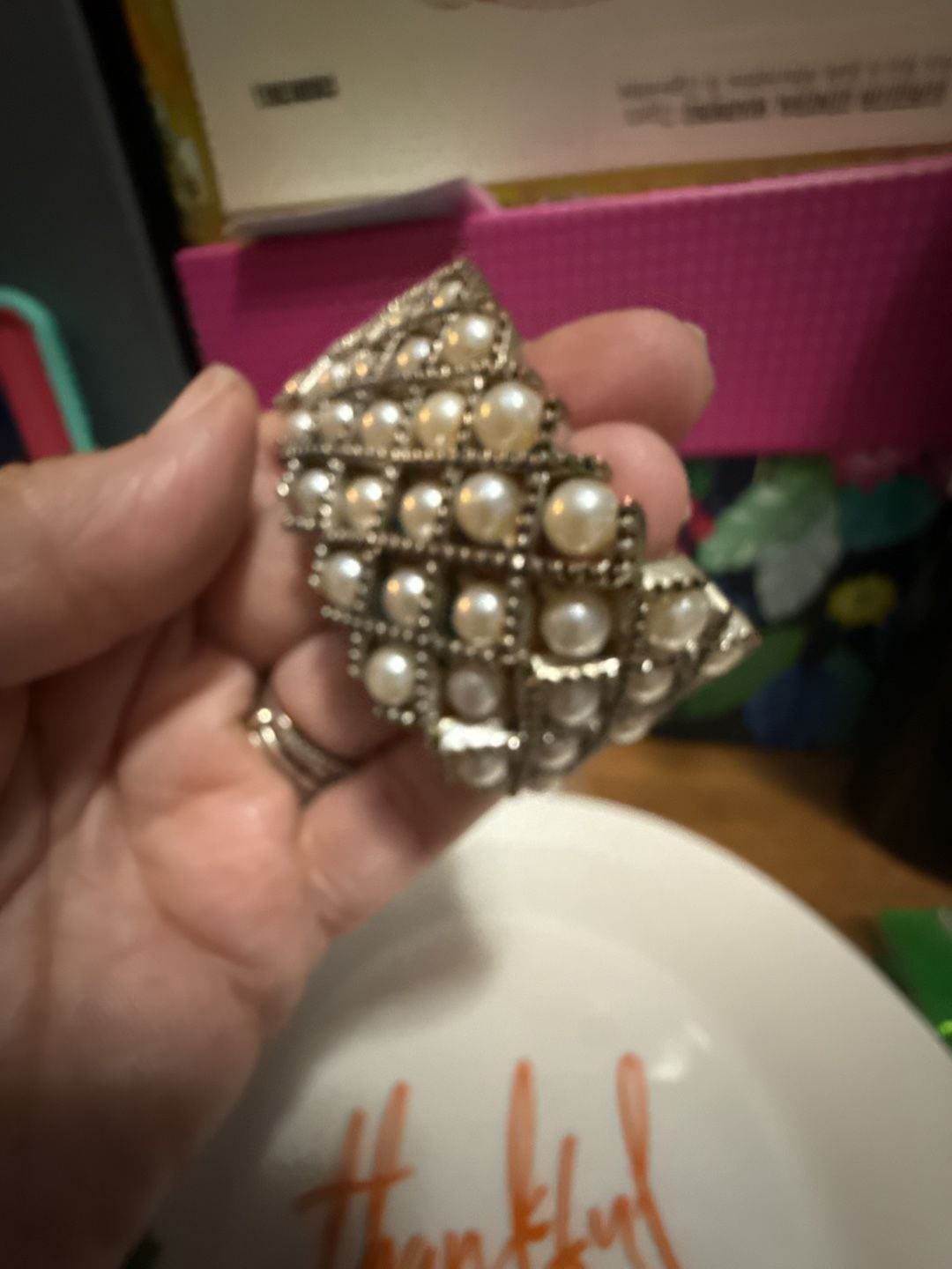 Vintage Faux Pearl Silver Tone Stretch Cuff Bracelet 2