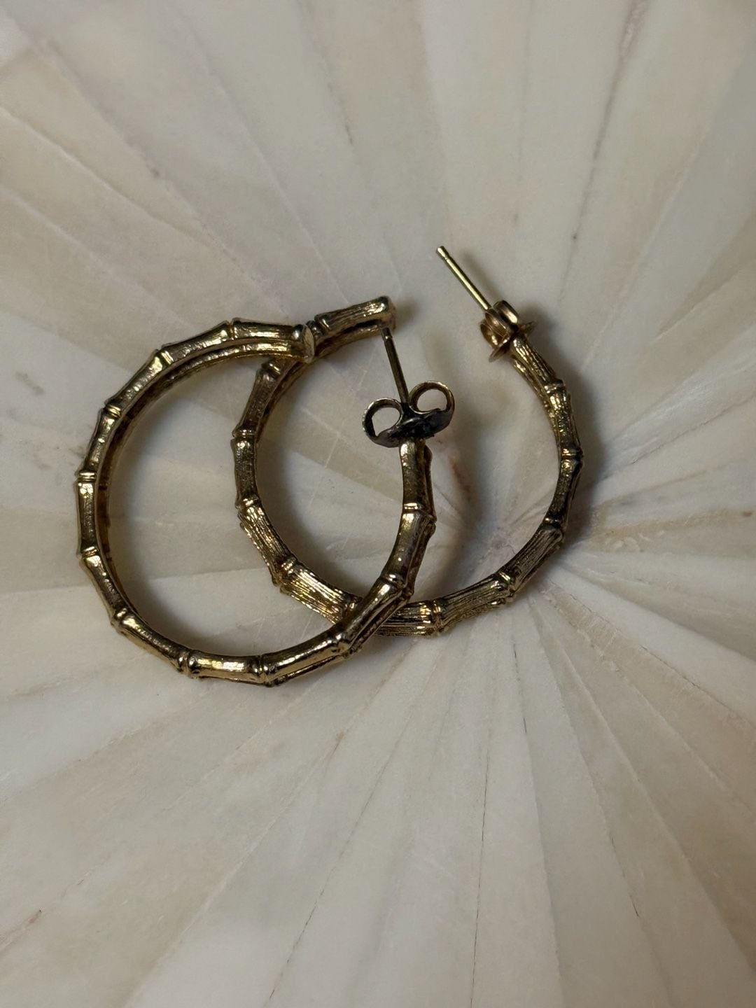 Vintage Gold Tone Double Bamboo Textured Hoop Earrings 1