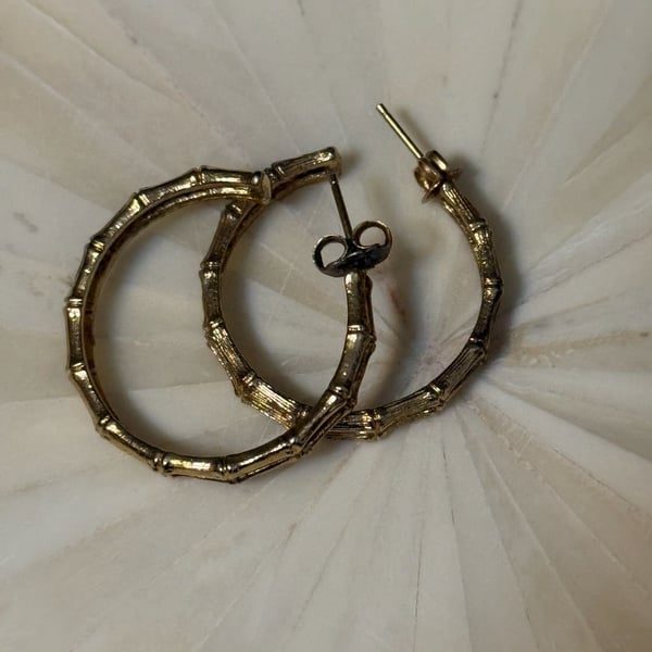 Vintage Gold Tone Double Bamboo Textured Hoop Earrings