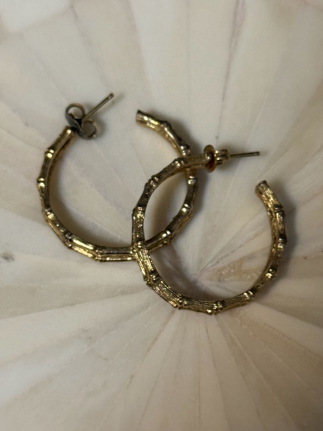 Vintage Gold Tone Double Bamboo Textured Hoop Earrings 2