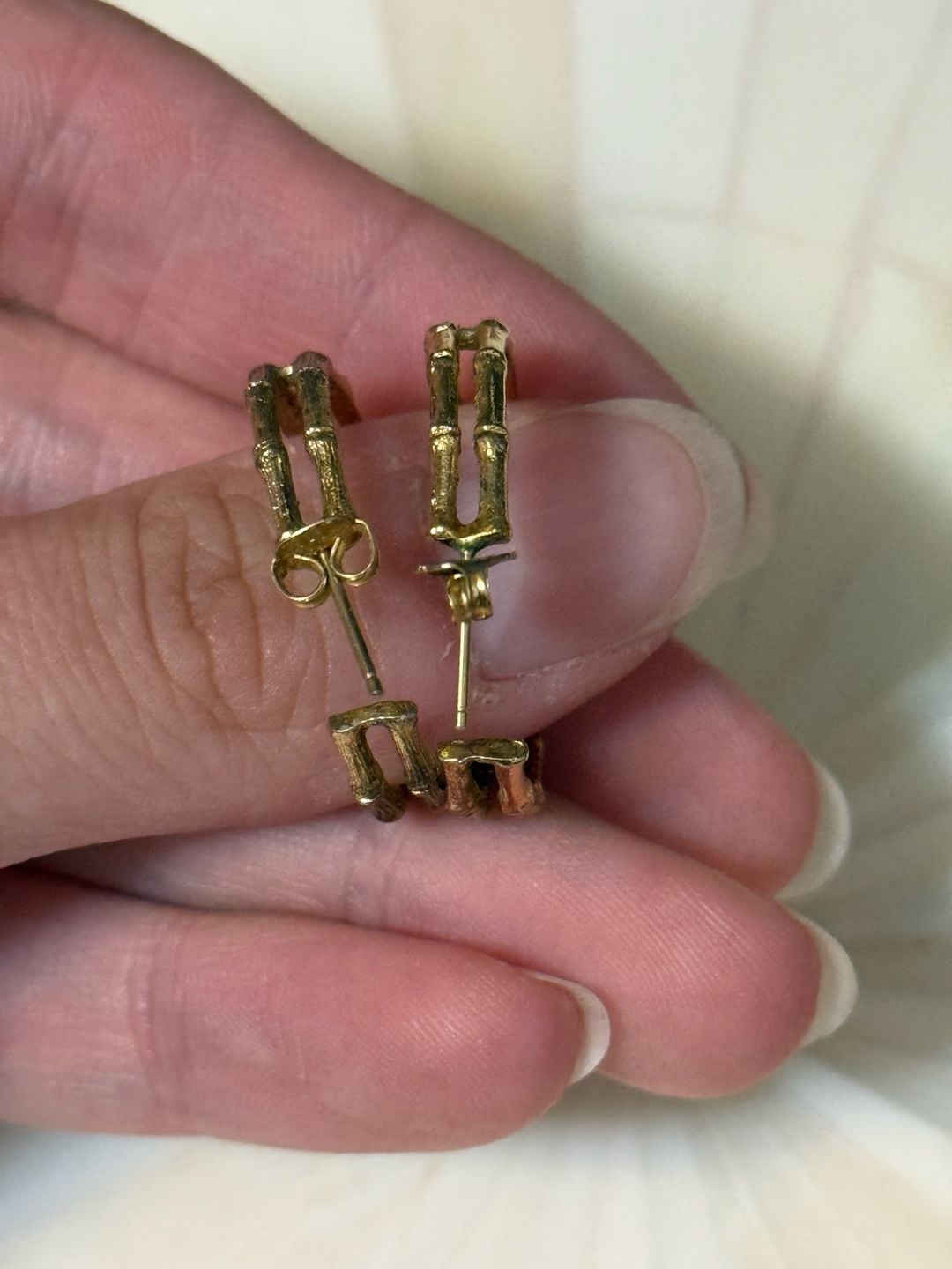 Vintage Gold Tone Double Bamboo Textured Hoop Earrings 3