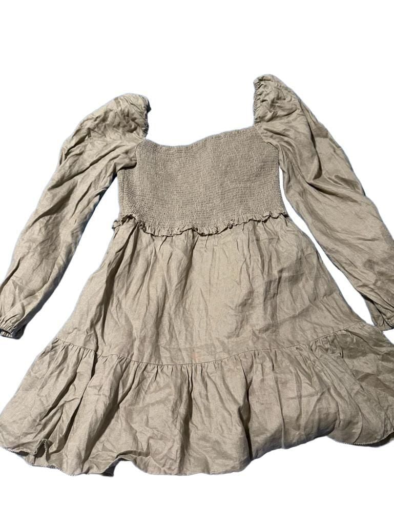 Quince Linen Long Sleeve Smocked Mini Dress Size L Sage Green 2