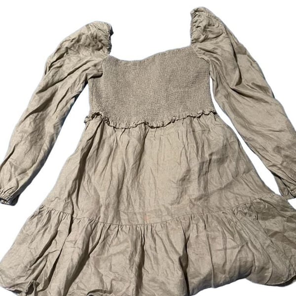 Quince Linen Long Sleeve Smocked Mini Dress Size L Sage Green
