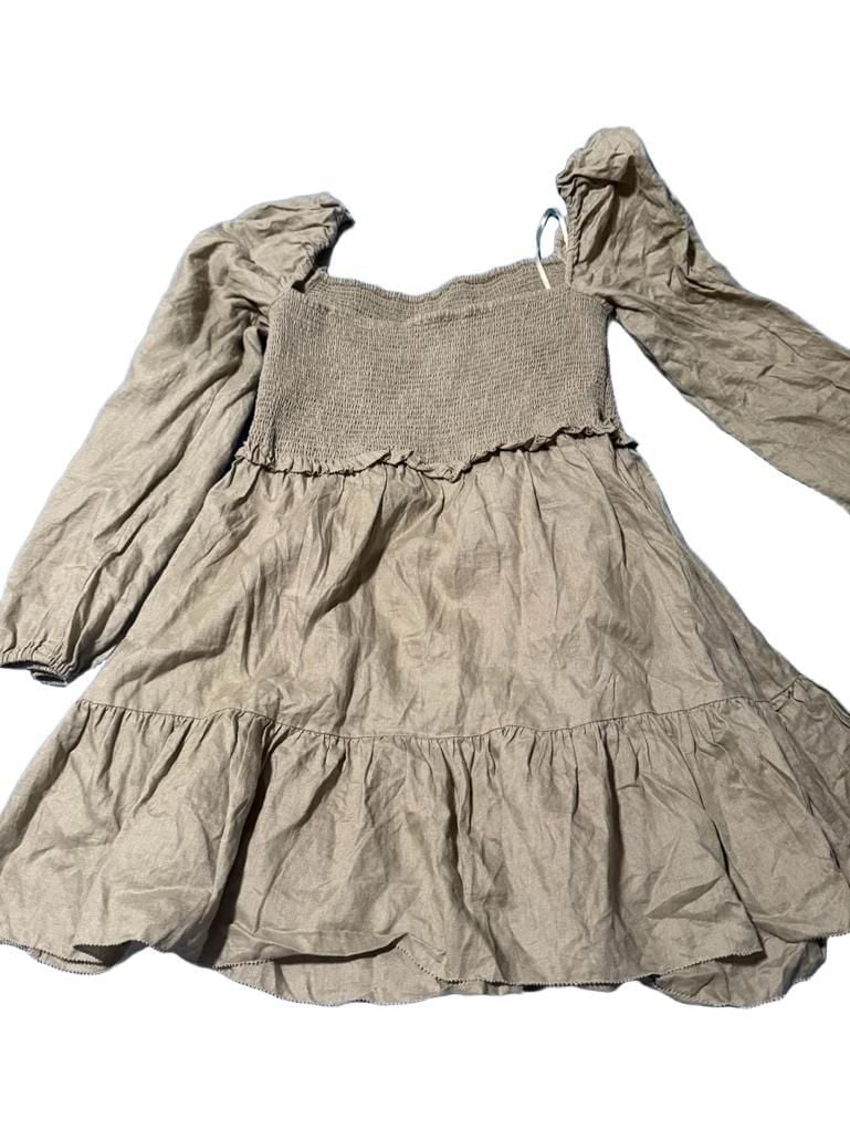 Quince Linen Long Sleeve Smocked Mini Dress Size L Sage Green 4