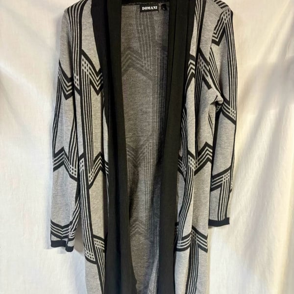 Domani Open Front Cardigan Size L Gray Black Geometric