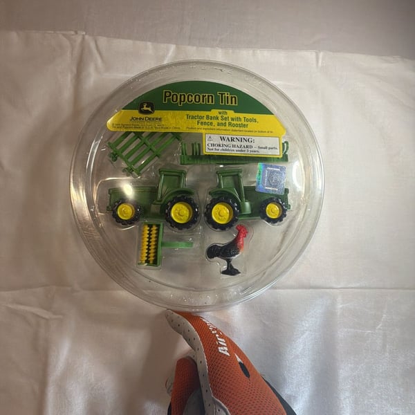 John Deere Popcorn Tin With Tractor Bank Set Tools Fence And Rooster