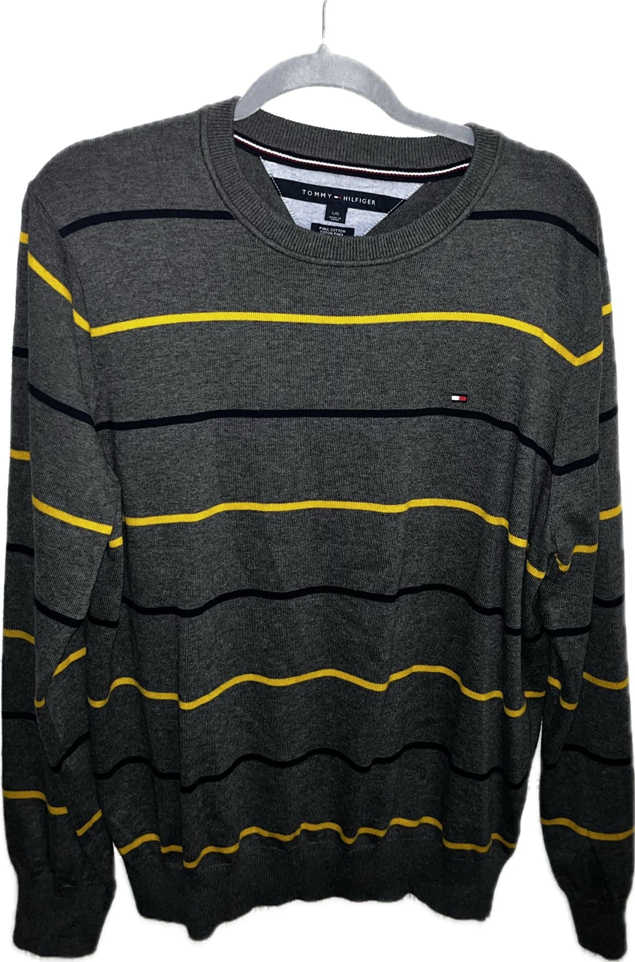 Tommy Hilfiger Crewneck Sweater Size L Gray Striped Pima Cotton 1