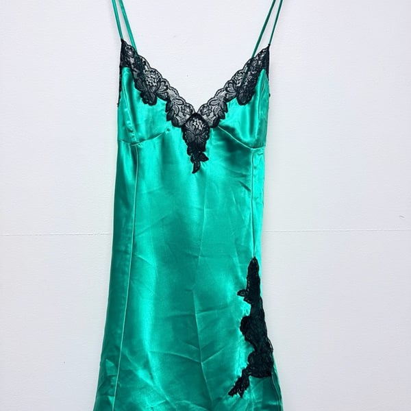 Frederick's of Hollywood Slip Dress Size Large Green Black Lace
