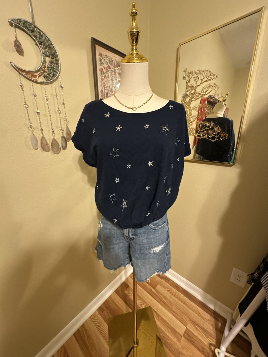 Lucky Brand Star Embroidered Top Size L Navy Blue Short Sleeve Tee 3