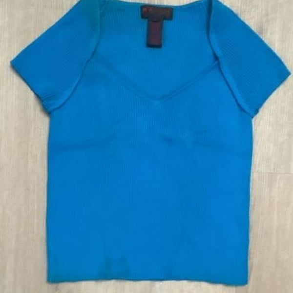 Ralph Lauren Ribbed Knit Short Sleeve Top Size L Blue Y2K