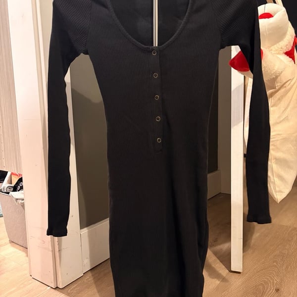 Free People Beach Long Sleeve Ribbed Henley Dress Size S Black