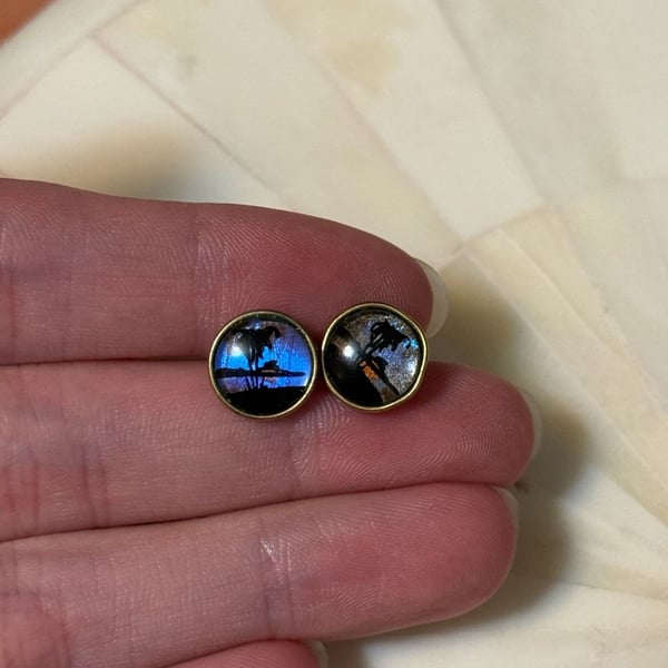 Vintage Reverse Painted Butterfly Wing Snall Dainty Blue Round Stud Earrings In excellent