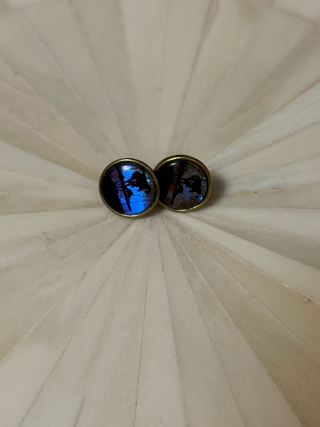 Vintage Reverse Painted Butterfly Wing Snall Dainty Blue Round Stud Earrings In excellent 5