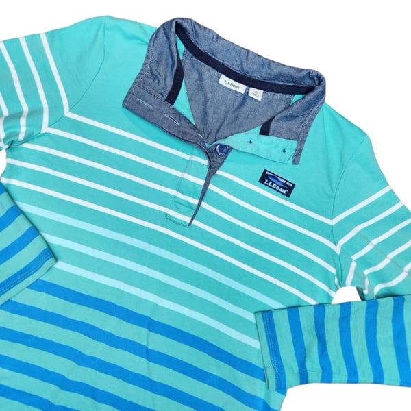 L.L.Bean Striped Long Sleeve Polo Size S Chambray Collar Teal Blue
