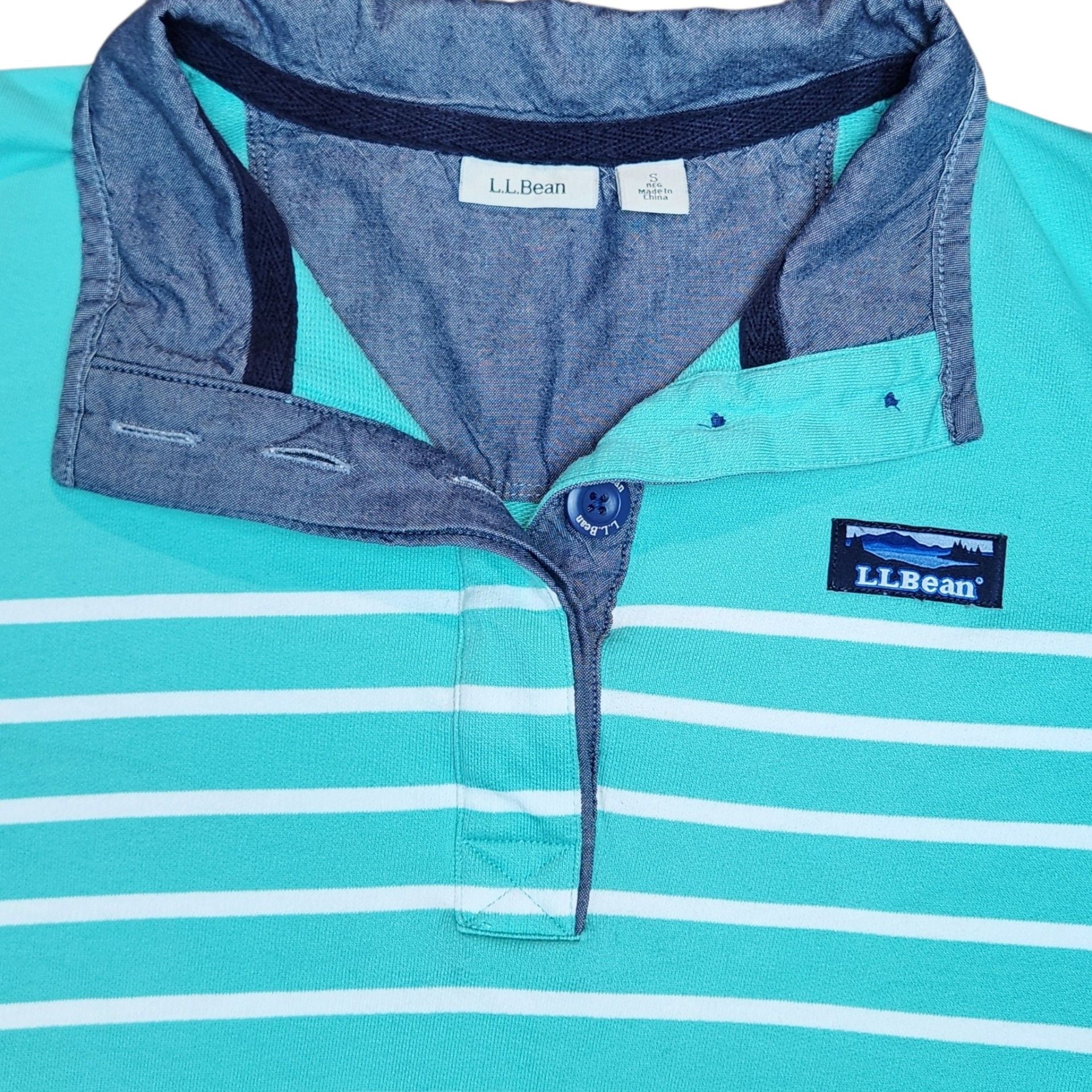L.L.Bean Striped Long Sleeve Polo Size S Chambray Collar Teal Blue 9