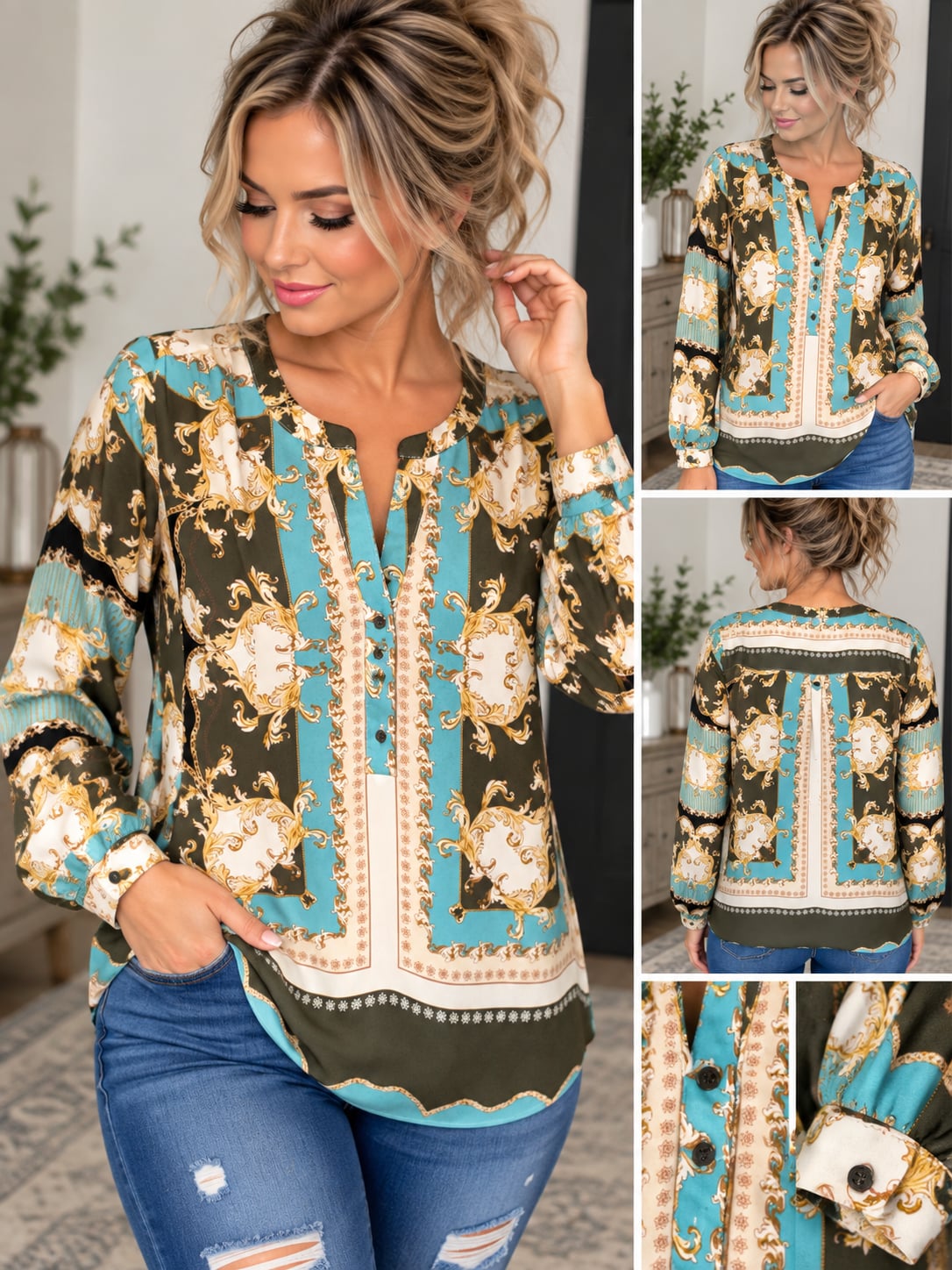 Zac & Rachel Paisley V Neck Ornate Printed Blouse Women’s 2XL 2