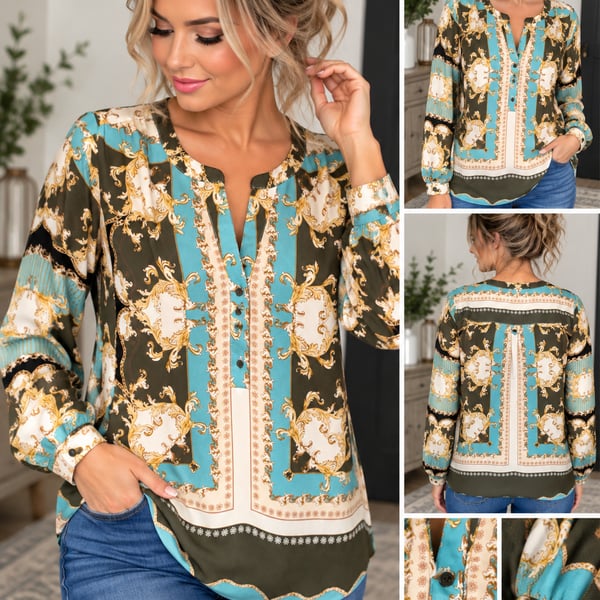 Zac & Rachel Paisley V Neck Ornate Printed Blouse Women’s 2XL