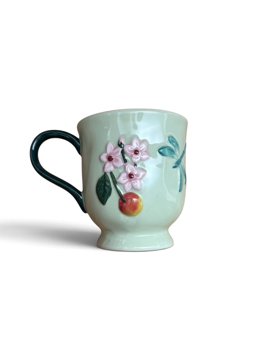 Anthropologie Faye Frazee Mug Mint Green Cherry Dragonfly Fruit 1