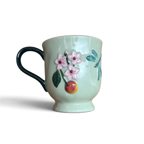 Anthropologie Faye Frazee Mug Mint Green Cherry Dragonfly Fruit