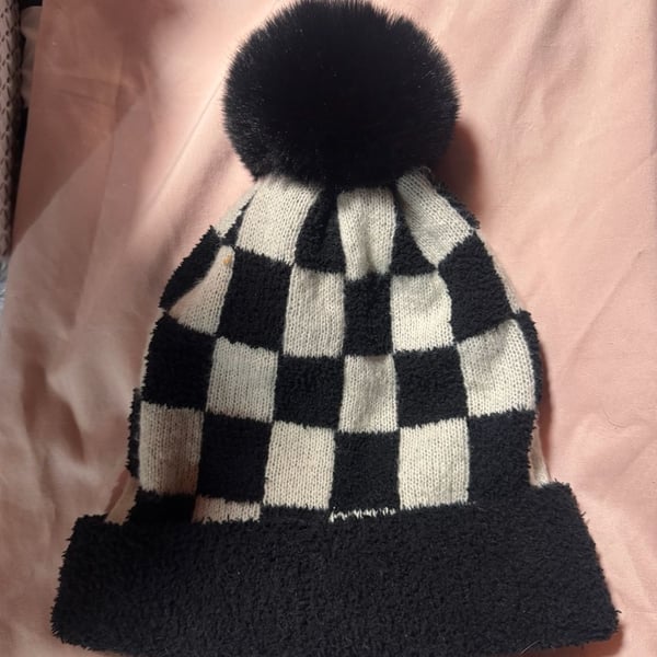Checkered Beanie With Pom Pom