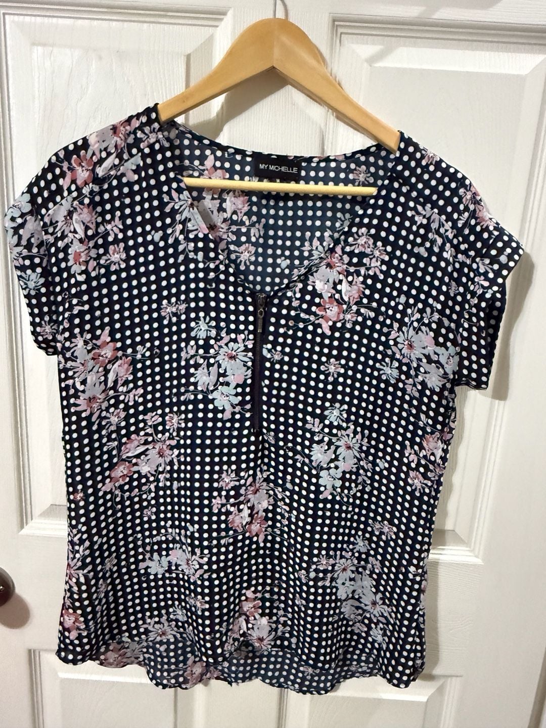 My Michelle Blouse Size M Navy Blue Polka Dot Floral Half Zip Short Sleeve 2