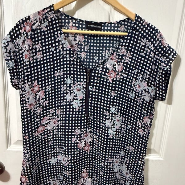My Michelle Blouse Size M Navy Blue Polka Dot Floral Half Zip Short Sleeve